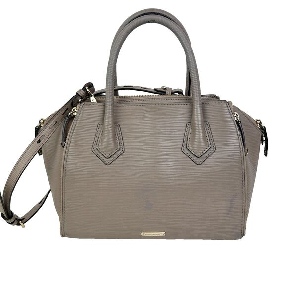 Rebecca Minkoff Perry Satchel Structured Leather Crossbody Bag Grey Taupe Handle - Picture 3 of 16